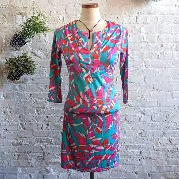 Retro Dresses & Skirts - Groovy Vibrant Psychedelic Dress 70s Retro Teal & Pink Beachy Summer Shift Dress